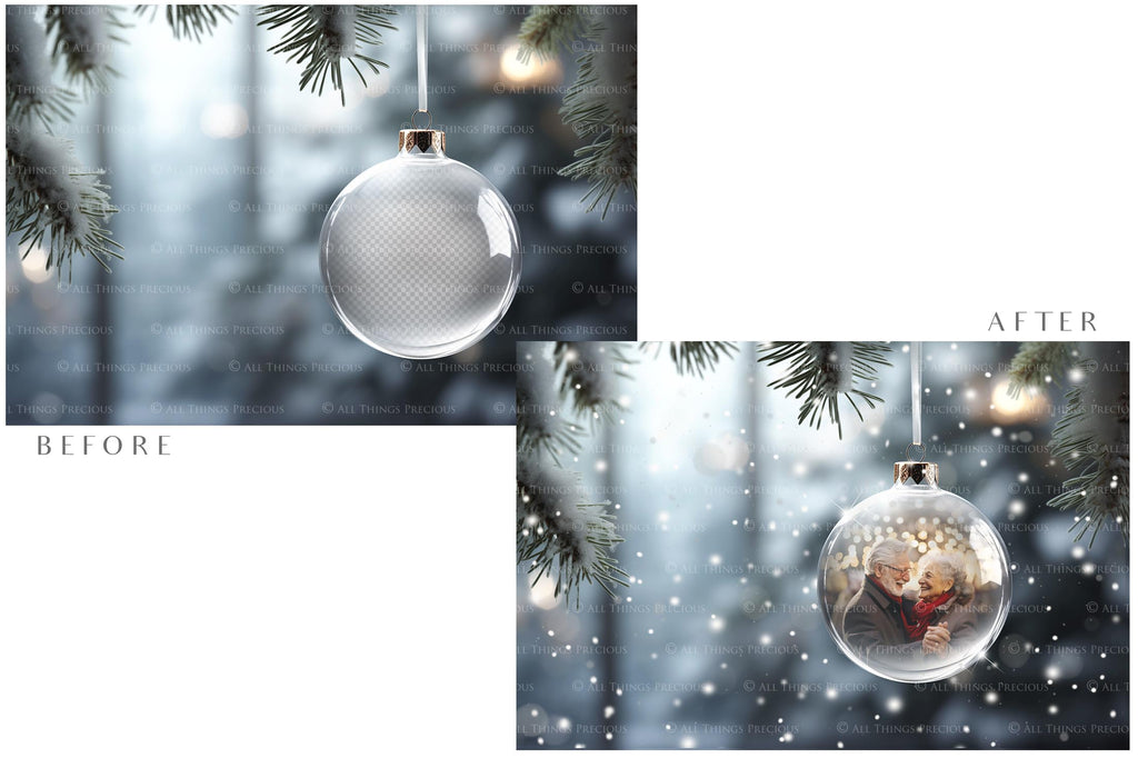 Christmas Glass Bauble Ornament Overlay and Background, with snow flurries and a PSD template included in the set.The globe is transparent, perfect for you to add your own images and retain the snow globe effect.This file is 6000 x 4000, 300dpi. Photography, Scrapbooking, Photo Overlays, Png, Jpeg, Psd. ATP Textures.