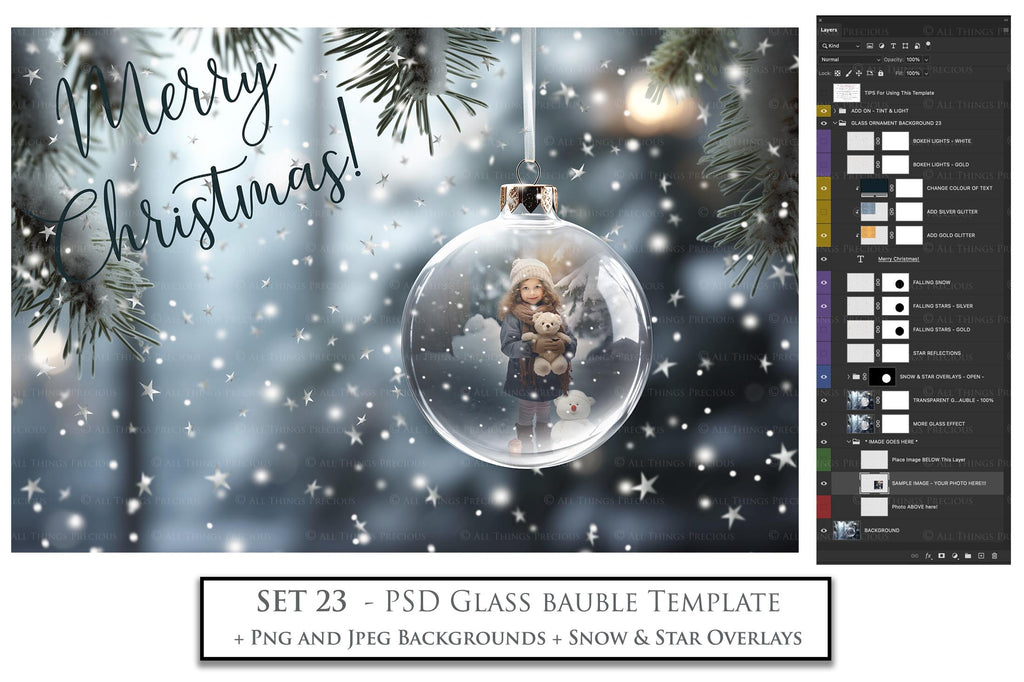 Christmas Glass Bauble Ornament Overlay and Background, with snow flurries and a PSD template included in the set.The globe is transparent, perfect for you to add your own images and retain the snow globe effect.This file is 6000 x 4000, 300dpi. Photography, Scrapbooking, Photo Overlays, Png, Jpeg, Psd. ATP Textures.