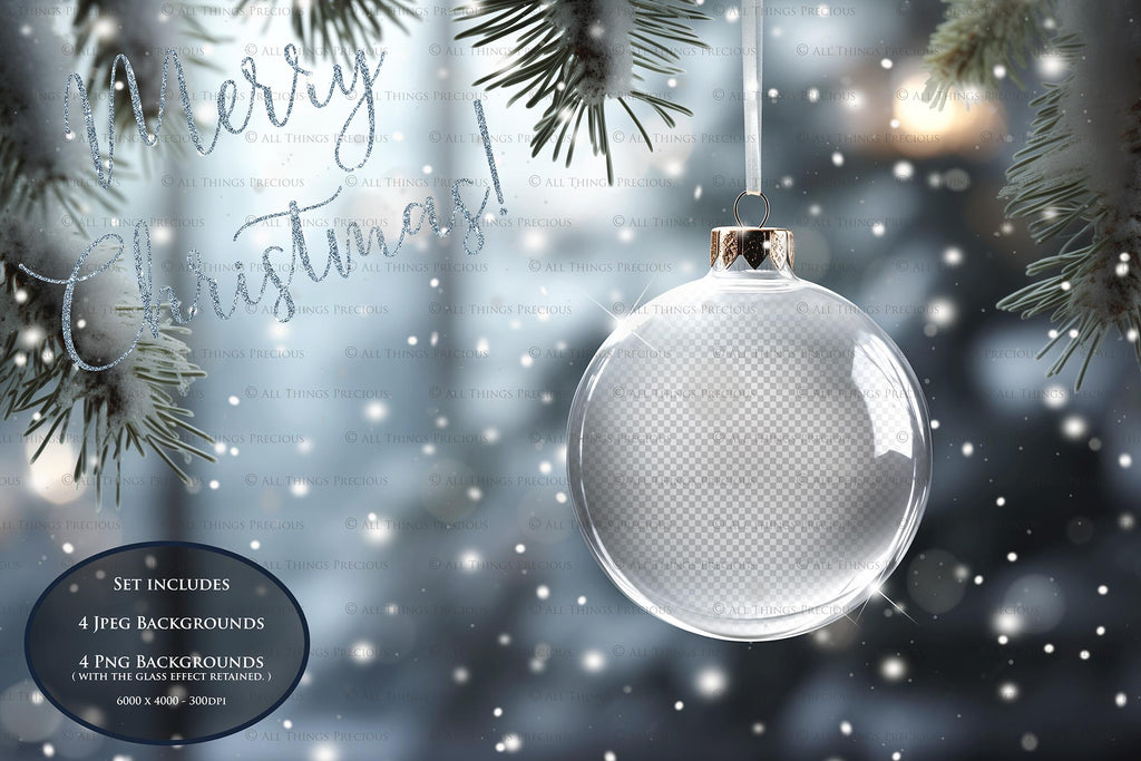 Christmas Glass Bauble Ornament Overlay and Background, with snow flurries and a PSD template included in the set.The globe is transparent, perfect for you to add your own images and retain the snow globe effect.This file is 6000 x 4000, 300dpi. Photography, Scrapbooking, Photo Overlays, Png, Jpeg, Psd. ATP Textures.