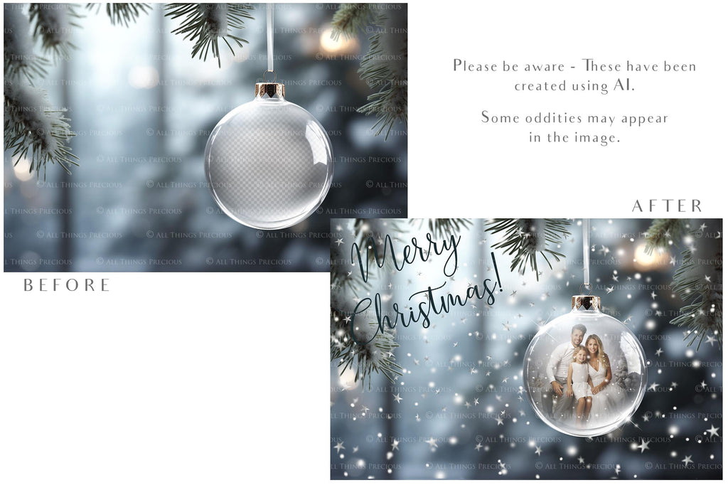 Christmas Glass Bauble Ornament Overlay and Background, with snow flurries and a PSD template included in the set.The globe is transparent, perfect for you to add your own images and retain the snow globe effect.This file is 6000 x 4000, 300dpi. Photography, Scrapbooking, Photo Overlays, Png, Jpeg, Psd. ATP Textures.