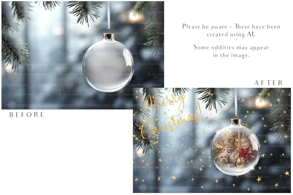 Christmas Glass Bauble Ornament Overlay and Background, with snow flurries and a PSD template included in the set.The globe is transparent, perfect for you to add your own images and retain the snow globe effect.This file is 6000 x 4000, 300dpi. Photography, Scrapbooking, Photo Overlays, Png, Jpeg, Psd. ATP Textures.