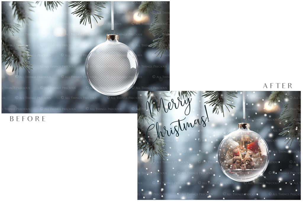 Christmas Glass Bauble Ornament Overlay and Background, with snow flurries and a PSD template included in the set.The globe is transparent, perfect for you to add your own images and retain the snow globe effect.This file is 6000 x 4000, 300dpi. Photography, Scrapbooking, Photo Overlays, Png, Jpeg, Psd. ATP Textures.