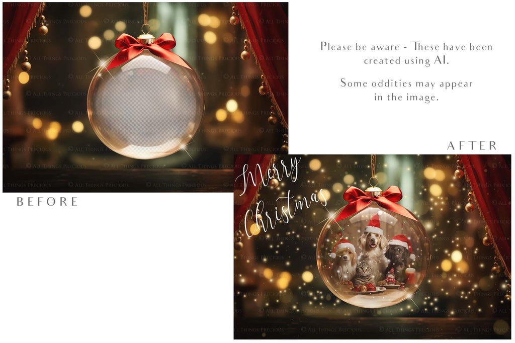 Christmas Glass Bauble Ornament Overlay and Background, with snow flurries and a PSD template included in the set.The globe is transparent, perfect for you to add your own images and retain the snow globe effect.This file is 6000 x 4000, 300dpi. Photography, Scrapbooking, Photo Overlays, Png, Jpeg, Psd. ATP Textures.