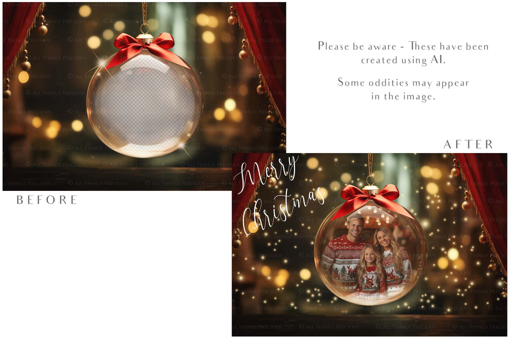 Christmas Glass Bauble Ornament Overlay and Background, with snow flurries and a PSD template included in the set.The globe is transparent, perfect for you to add your own images and retain the snow globe effect.This file is 6000 x 4000, 300dpi. Photography, Scrapbooking, Photo Overlays, Png, Jpeg, Psd. ATP Textures.