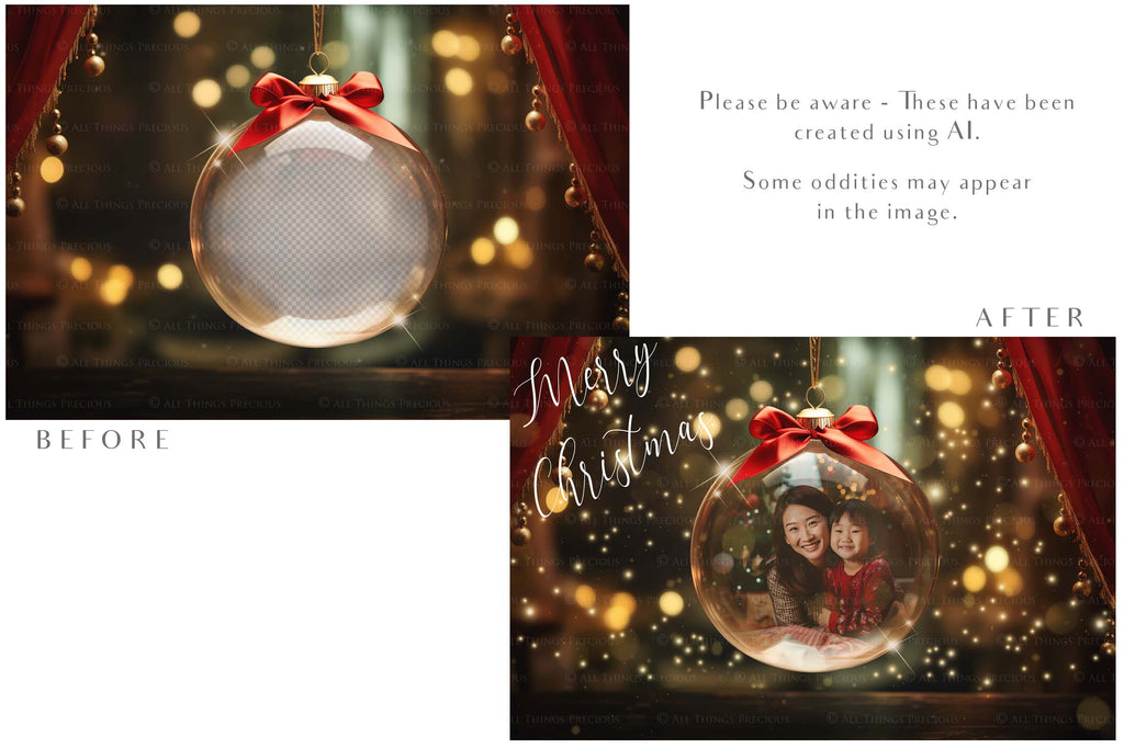 Christmas Glass Bauble Ornament Overlay and Background, with snow flurries and a PSD template included in the set.The globe is transparent, perfect for you to add your own images and retain the snow globe effect.This file is 6000 x 4000, 300dpi. Photography, Scrapbooking, Photo Overlays, Png, Jpeg, Psd. ATP Textures.