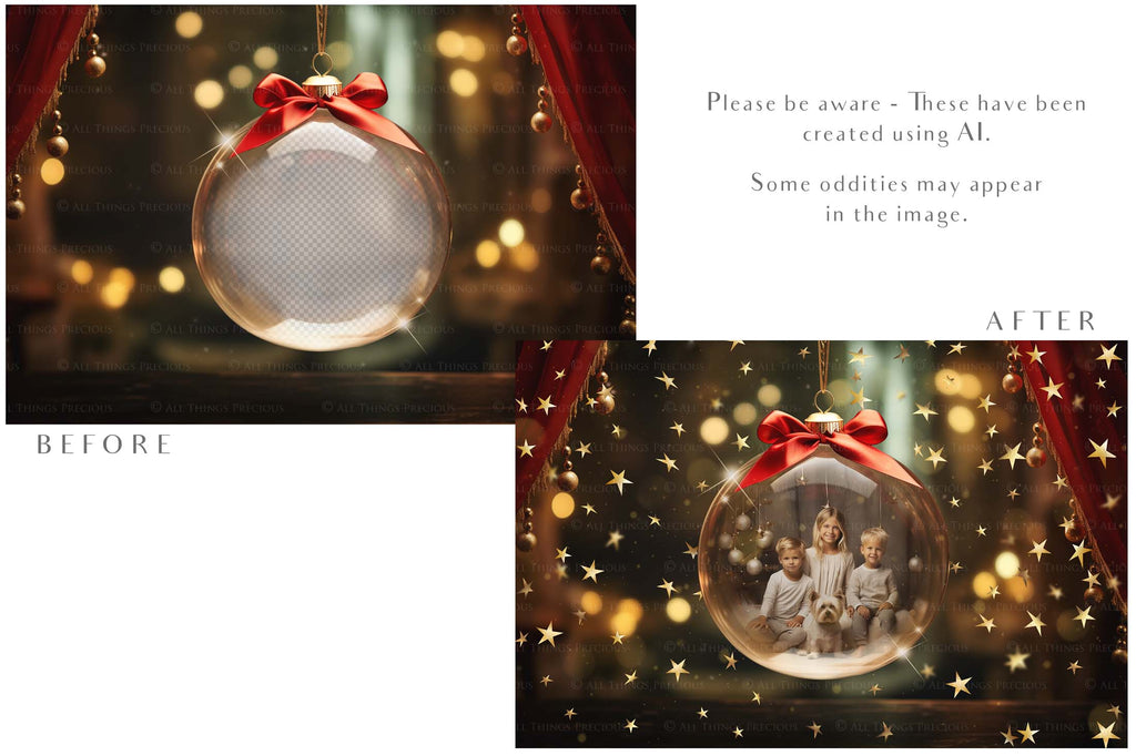 Christmas Glass Bauble Ornament Overlay and Background, with snow flurries and a PSD template included in the set.The globe is transparent, perfect for you to add your own images and retain the snow globe effect.This file is 6000 x 4000, 300dpi. Photography, Scrapbooking, Photo Overlays, Png, Jpeg, Psd. ATP Textures.