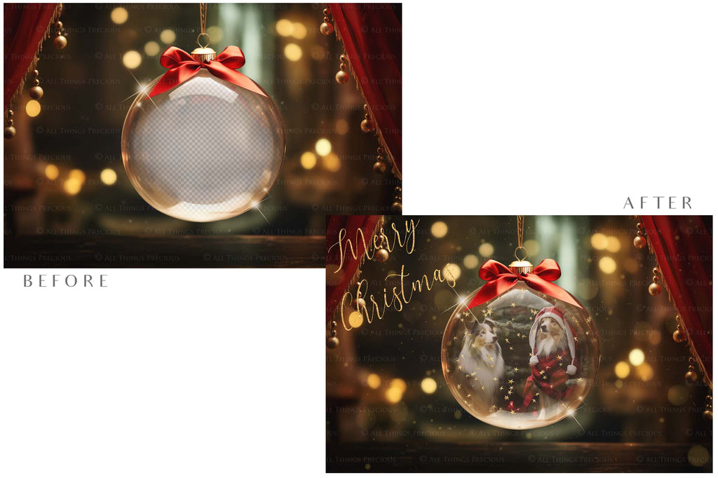 Christmas Glass Bauble Ornament Overlay and Background, with snow flurries and a PSD template included in the set.The globe is transparent, perfect for you to add your own images and retain the snow globe effect.This file is 6000 x 4000, 300dpi. Photography, Scrapbooking, Photo Overlays, Png, Jpeg, Psd. ATP Textures.