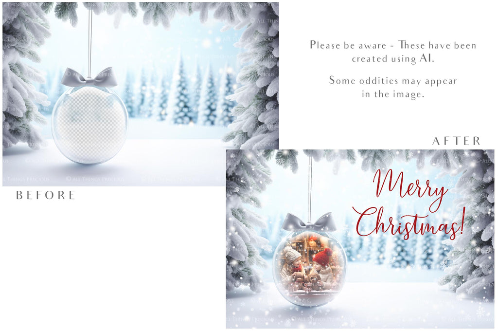 Christmas Glass Bauble Ornament Overlay and Background, with snow flurries and a PSD template included in the set.The globe is transparent, perfect for you to add your own images and retain the snow globe effect.This file is 6000 x 4000, 300dpi. Photography, Scrapbooking, Photo Overlays, Png, Jpeg, Psd. ATP Textures.