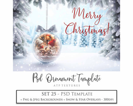 Christmas Glass Bauble Ornament Overlay and Background, with snow flurries and a PSD template included in the set.The globe is transparent, perfect for you to add your own images and retain the snow globe effect.This file is 6000 x 4000, 300dpi. Photography, Scrapbooking, Photo Overlays, Png, Jpeg, Psd. ATP Textures.