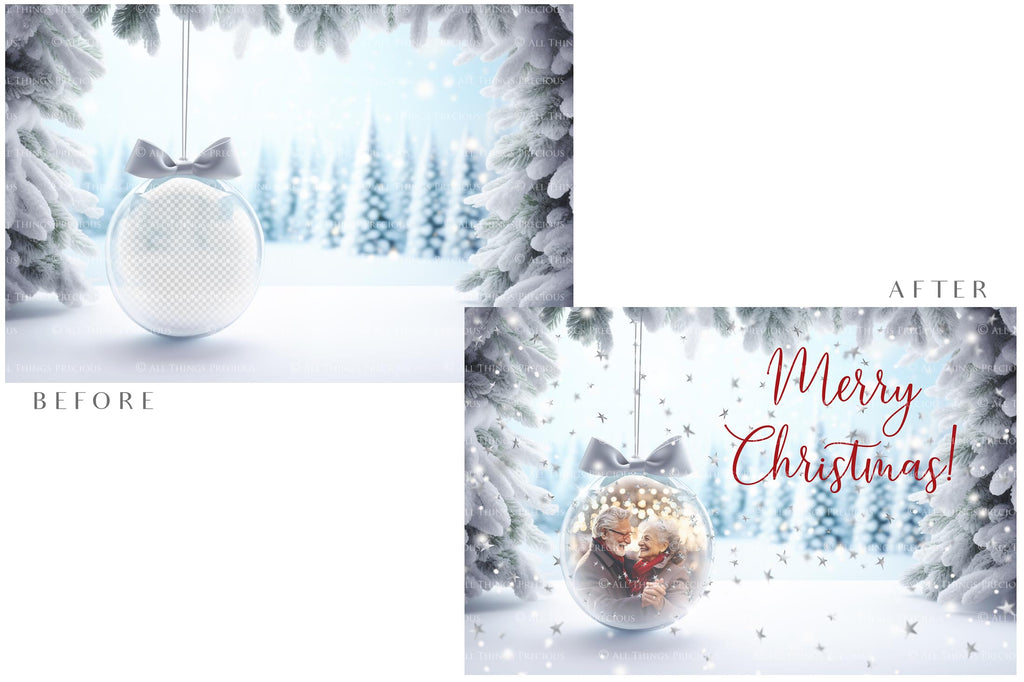 Christmas Glass Bauble Ornament Overlay and Background, with snow flurries and a PSD template included in the set.The globe is transparent, perfect for you to add your own images and retain the snow globe effect.This file is 6000 x 4000, 300dpi. Photography, Scrapbooking, Photo Overlays, Png, Jpeg, Psd. ATP Textures.