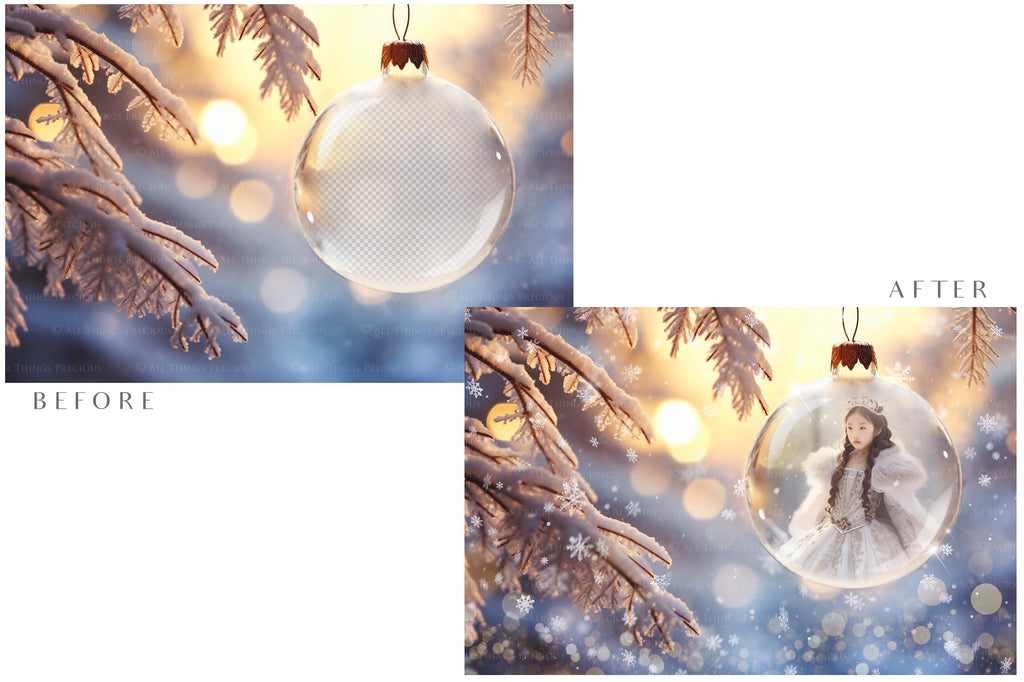 Christmas Glass Bauble Ornament Overlay and Background, with snow flurries and a PSD template included in the set.The globe is transparent, perfect for you to add your own images and retain the snow globe effect.This file is 6000 x 4000, 300dpi. Photography, Scrapbooking, Photo Overlays, Png, Jpeg, Psd. ATP Textures.