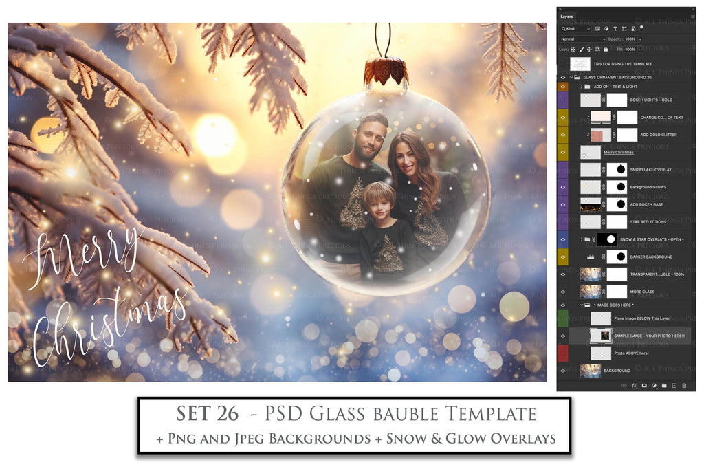 Christmas Glass Bauble Ornament Overlay and Background, with snow flurries and a PSD template included in the set.The globe is transparent, perfect for you to add your own images and retain the snow globe effect.This file is 6000 x 4000, 300dpi. Photography, Scrapbooking, Photo Overlays, Png, Jpeg, Psd. ATP Textures.