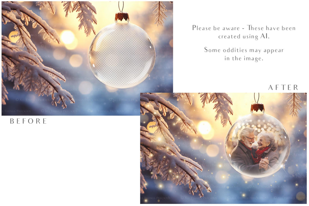 Christmas Glass Bauble Ornament Overlay and Background, with snow flurries and a PSD template included in the set.The globe is transparent, perfect for you to add your own images and retain the snow globe effect.This file is 6000 x 4000, 300dpi. Photography, Scrapbooking, Photo Overlays, Png, Jpeg, Psd. ATP Textures.