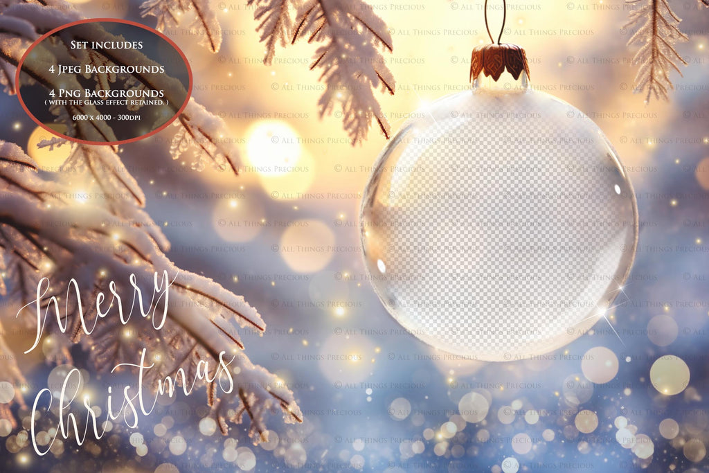 Christmas Glass Bauble Ornament Overlay and Background, with snow flurries and a PSD template included in the set.The globe is transparent, perfect for you to add your own images and retain the snow globe effect.This file is 6000 x 4000, 300dpi. Photography, Scrapbooking, Photo Overlays, Png, Jpeg, Psd. ATP Textures.