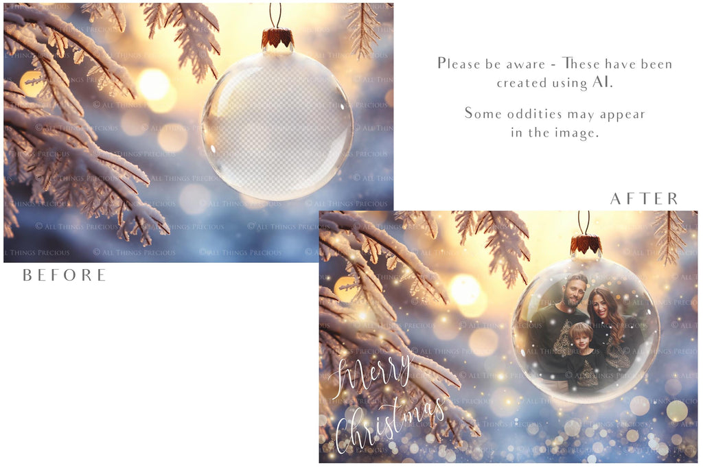 Christmas Glass Bauble Ornament Overlay and Background, with snow flurries and a PSD template included in the set.The globe is transparent, perfect for you to add your own images and retain the snow globe effect.This file is 6000 x 4000, 300dpi. Photography, Scrapbooking, Photo Overlays, Png, Jpeg, Psd. ATP Textures.