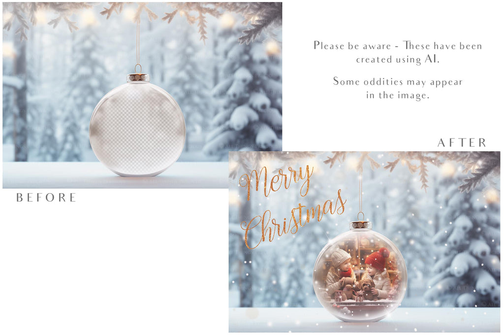 Christmas Glass Bauble Ornament Overlay and Background, with snow flurries and a PSD template included in the set.The globe is transparent, perfect for you to add your own images and retain the snow globe effect.This file is 6000 x 4000, 300dpi. Photography, Scrapbooking, Photo Overlays, Png, Jpeg, Psd. ATP Textures.