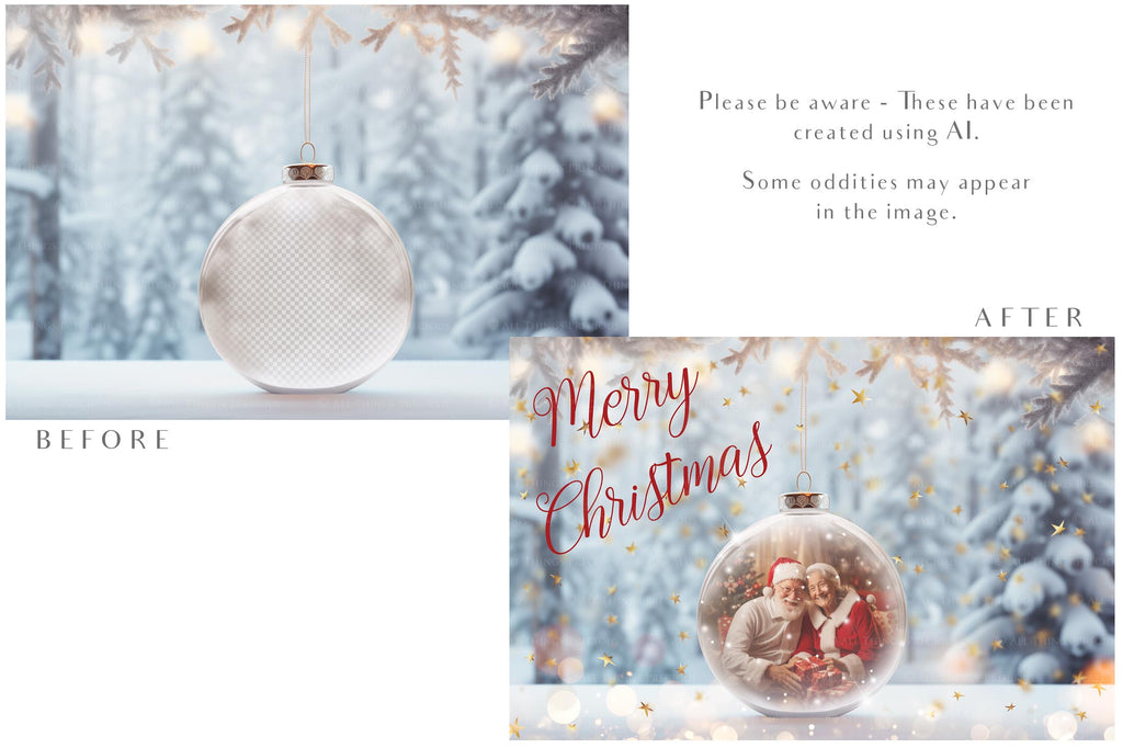 Christmas Glass Bauble Ornament Overlay and Background, with snow flurries and a PSD template included in the set.The globe is transparent, perfect for you to add your own images and retain the snow globe effect.This file is 6000 x 4000, 300dpi. Photography, Scrapbooking, Photo Overlays, Png, Jpeg, Psd. ATP Textures.