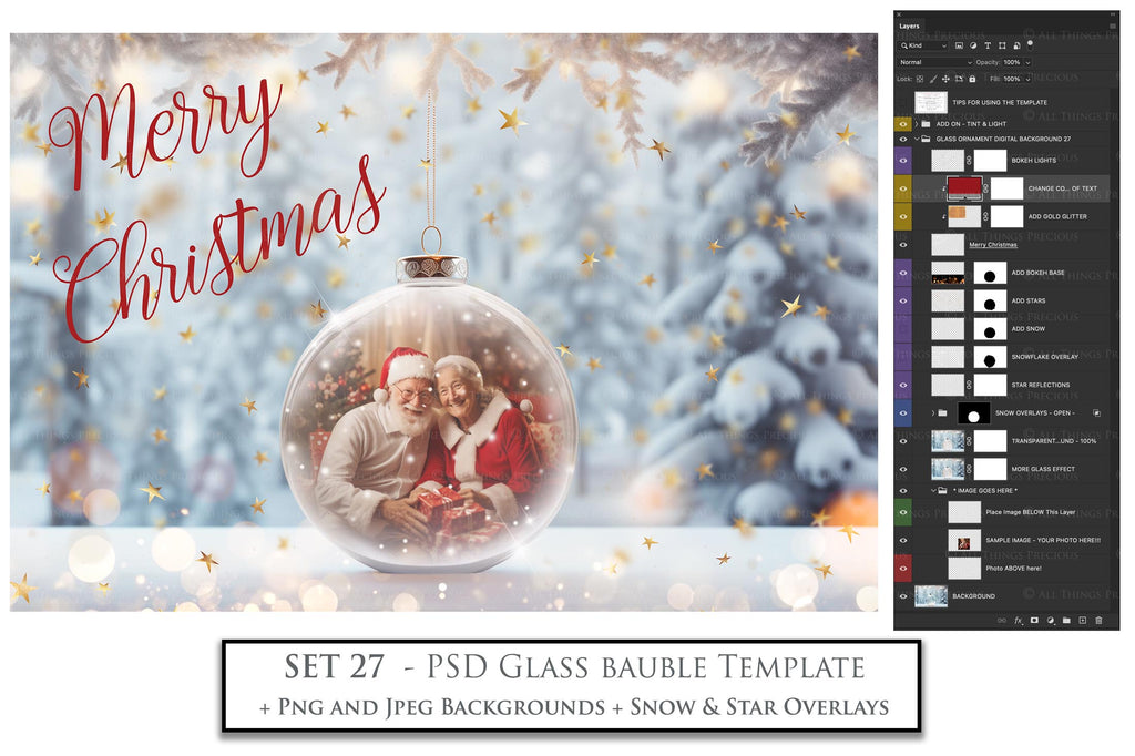 Christmas Glass Bauble Ornament Overlay and Background, with snow flurries and a PSD template included in the set.The globe is transparent, perfect for you to add your own images and retain the snow globe effect.This file is 6000 x 4000, 300dpi. Photography, Scrapbooking, Photo Overlays, Png, Jpeg, Psd. ATP Textures.