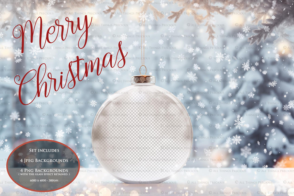 Christmas Glass Bauble Ornament Overlay and Background, with snow flurries and a PSD template included in the set.The globe is transparent, perfect for you to add your own images and retain the snow globe effect.This file is 6000 x 4000, 300dpi. Photography, Scrapbooking, Photo Overlays, Png, Jpeg, Psd. ATP Textures.