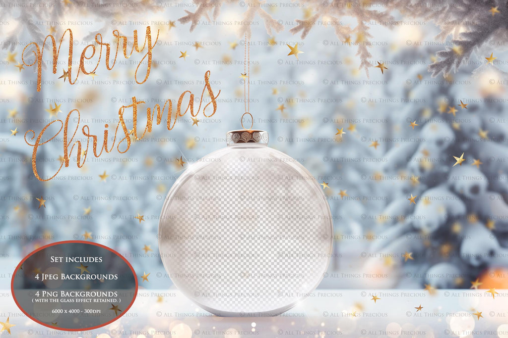 Christmas Glass Bauble Ornament Overlay and Background, with snow flurries and a PSD template included in the set.The globe is transparent, perfect for you to add your own images and retain the snow globe effect.This file is 6000 x 4000, 300dpi. Photography, Scrapbooking, Photo Overlays, Png, Jpeg, Psd. ATP Textures.