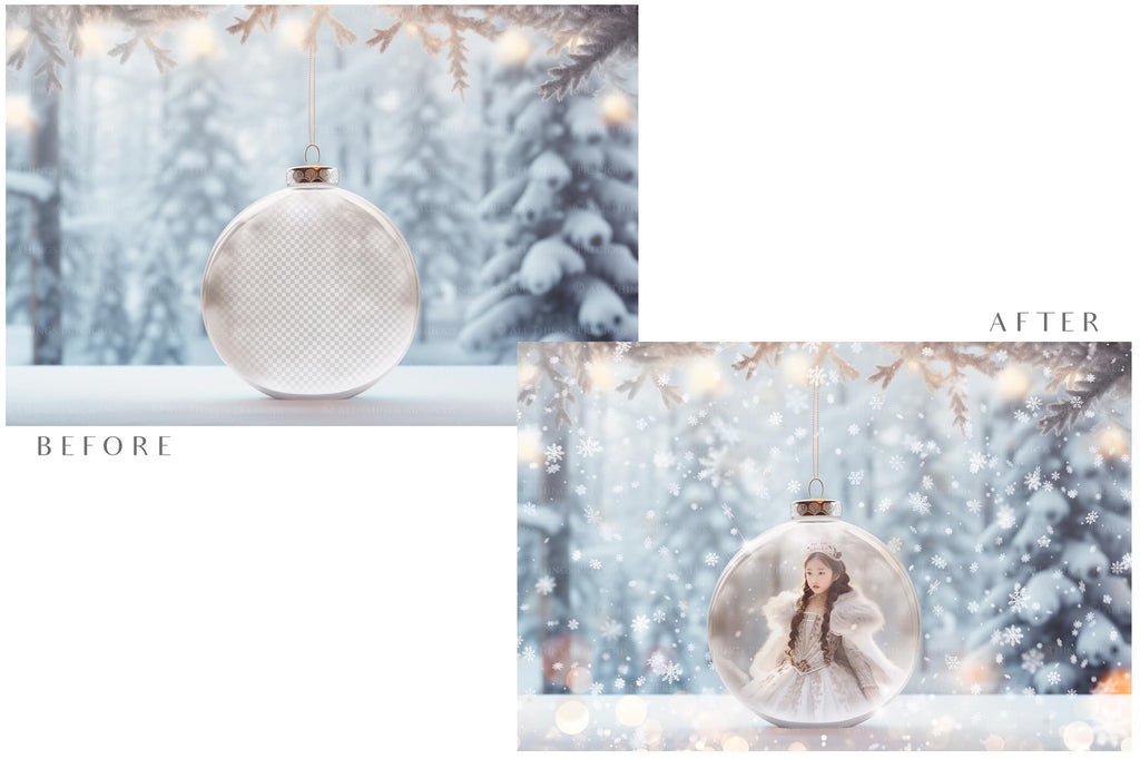 Christmas Glass Bauble Ornament Overlay and Background, with snow flurries and a PSD template included in the set.The globe is transparent, perfect for you to add your own images and retain the snow globe effect.This file is 6000 x 4000, 300dpi. Photography, Scrapbooking, Photo Overlays, Png, Jpeg, Psd. ATP Textures.