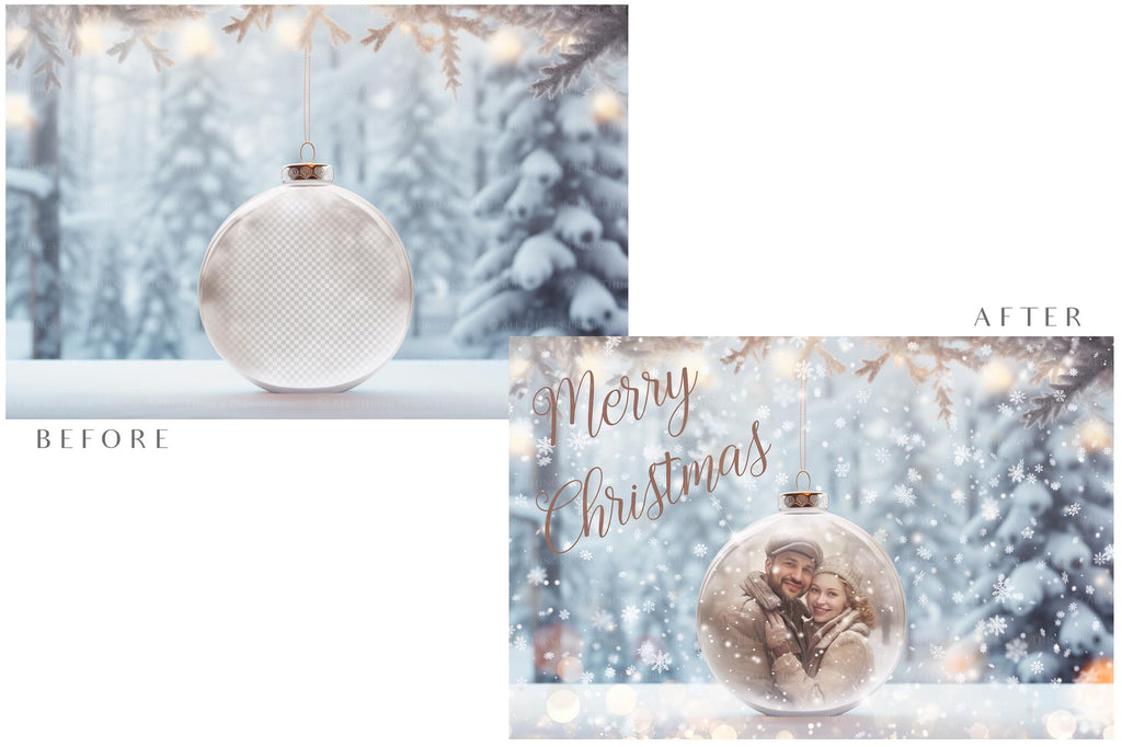 Christmas Glass Bauble Ornament Overlay and Background, with snow flurries and a PSD template included in the set.The globe is transparent, perfect for you to add your own images and retain the snow globe effect.This file is 6000 x 4000, 300dpi. Photography, Scrapbooking, Photo Overlays, Png, Jpeg, Psd. ATP Textures.