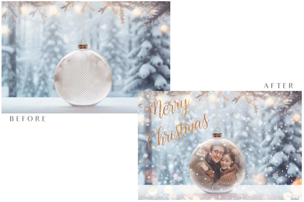 Christmas Glass Bauble Ornament Overlay and Background, with snow flurries and a PSD template included in the set.The globe is transparent, perfect for you to add your own images and retain the snow globe effect.This file is 6000 x 4000, 300dpi. Photography, Scrapbooking, Photo Overlays, Png, Jpeg, Psd. ATP Textures.