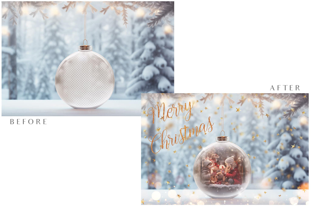 Christmas Glass Bauble Ornament Overlay and Background, with snow flurries and a PSD template included in the set.The globe is transparent, perfect for you to add your own images and retain the snow globe effect.This file is 6000 x 4000, 300dpi. Photography, Scrapbooking, Photo Overlays, Png, Jpeg, Psd. ATP Textures.