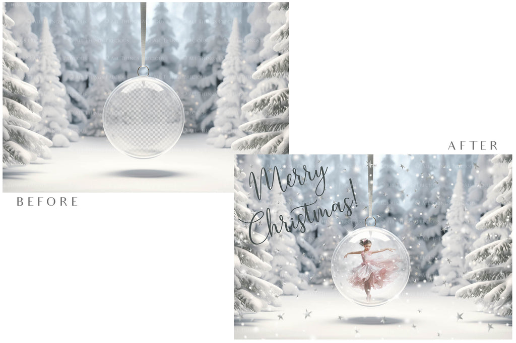 Christmas Glass Bauble Ornament Overlay and Background, with snow flurries and a PSD template included in the set.The globe is transparent, perfect for you to add your own images and retain the snow globe effect.This file is 6000 x 4000, 300dpi. Photography, Scrapbooking, Photo Overlays, Png, Jpeg, Psd. ATP Textures.