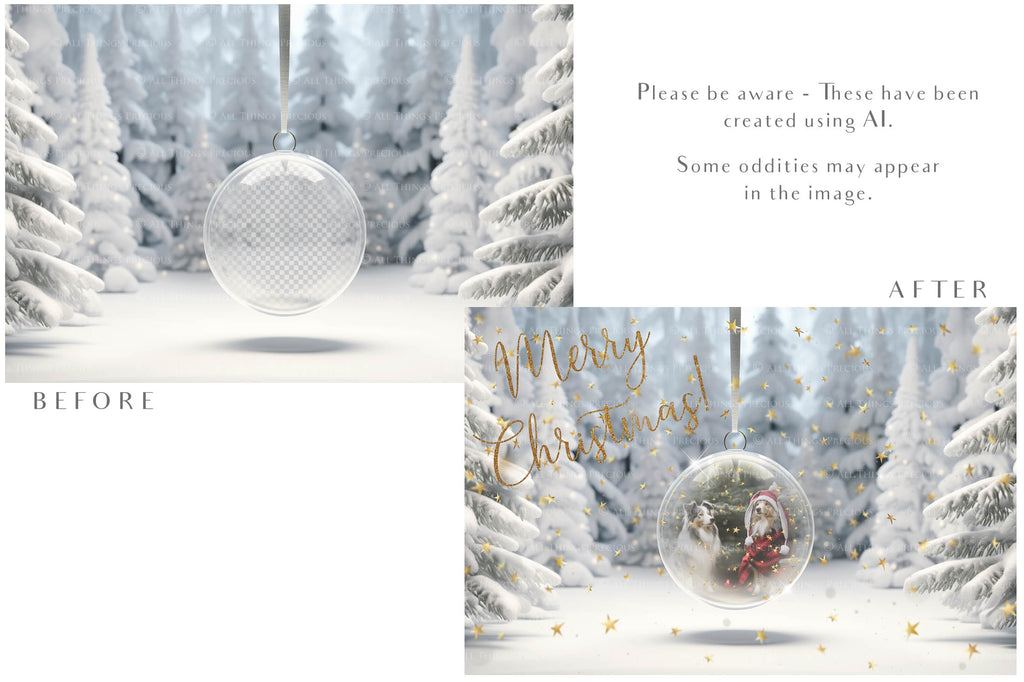 Christmas Glass Bauble Ornament Overlay and Background, with snow flurries and a PSD template included in the set.The globe is transparent, perfect for you to add your own images and retain the snow globe effect.This file is 6000 x 4000, 300dpi. Photography, Scrapbooking, Photo Overlays, Png, Jpeg, Psd. ATP Textures.