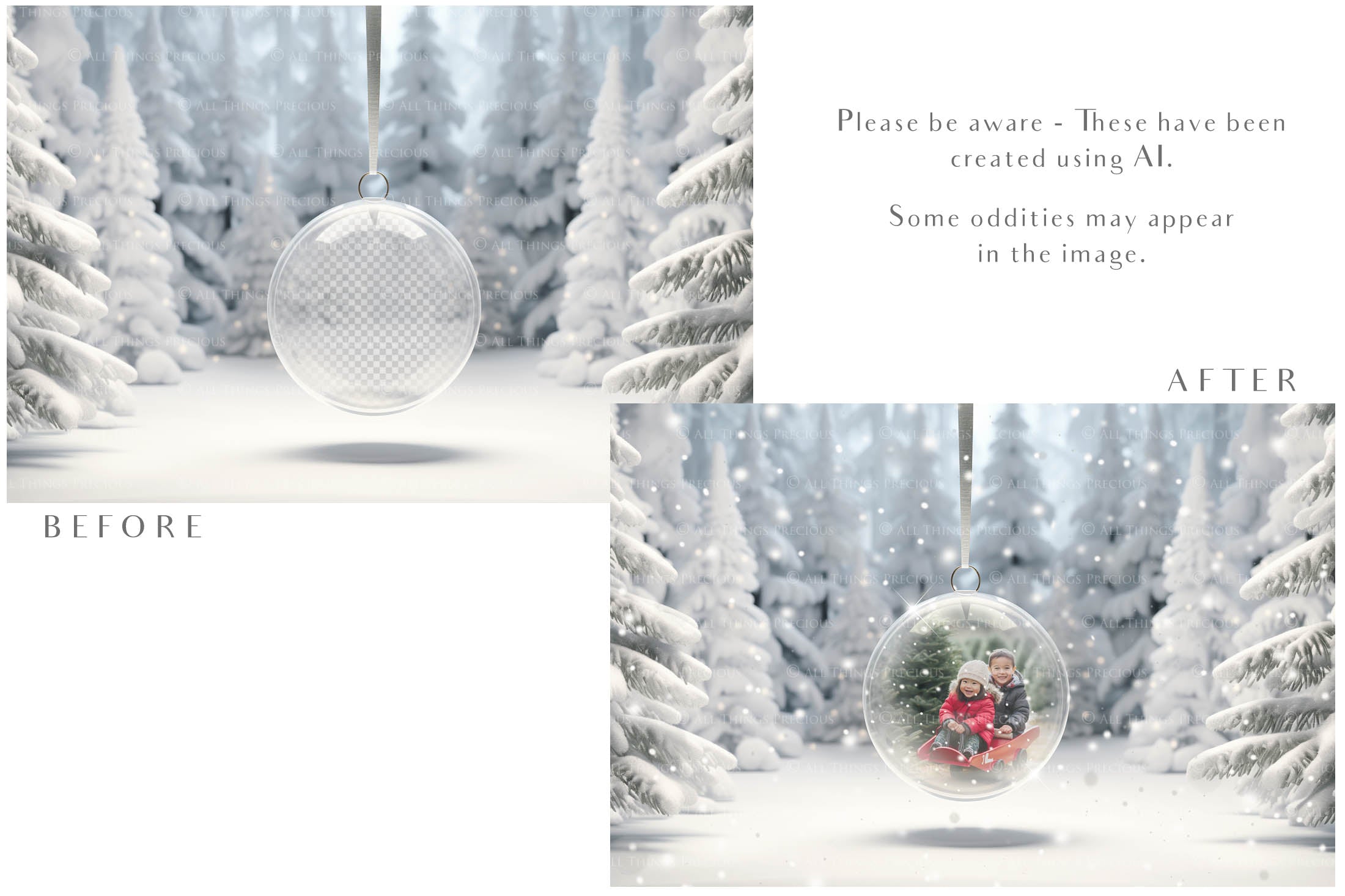 Christmas Glass Bauble Ornament Overlay and Background, with snow flurries and a PSD template included in the set.The globe is transparent, perfect for you to add your own images and retain the snow globe effect.This file is 6000 x 4000, 300dpi. Photography, Scrapbooking, Photo Overlays, Png, Jpeg, Psd. ATP Textures.