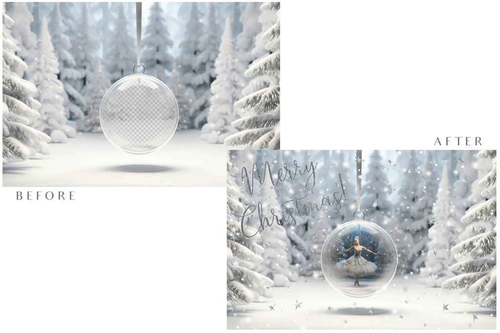 Christmas Glass Bauble Ornament Overlay and Background, with snow flurries and a PSD template included in the set.The globe is transparent, perfect for you to add your own images and retain the snow globe effect.This file is 6000 x 4000, 300dpi. Photography, Scrapbooking, Photo Overlays, Png, Jpeg, Psd. ATP Textures.