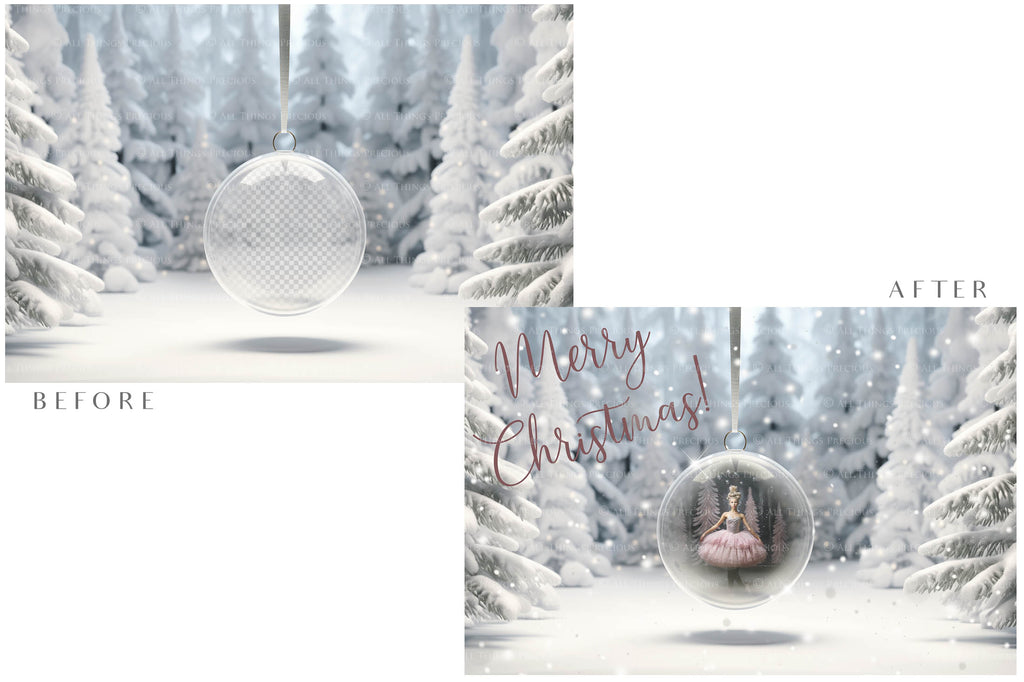 Christmas Glass Bauble Ornament Overlay and Background, with snow flurries and a PSD template included in the set.The globe is transparent, perfect for you to add your own images and retain the snow globe effect.This file is 6000 x 4000, 300dpi. Photography, Scrapbooking, Photo Overlays, Png, Jpeg, Psd. ATP Textures.