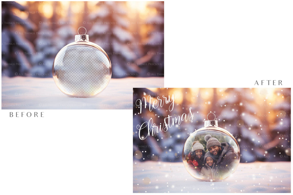 Christmas Glass Bauble Ornament Overlay and Background, with snow flurries and a PSD template included in the set.The globe is transparent, perfect for you to add your own images and retain the snow globe effect.This file is 6000 x 4000, 300dpi. Photography, Scrapbooking, Photo Overlays, Png, Jpeg, Psd. ATP Textures.