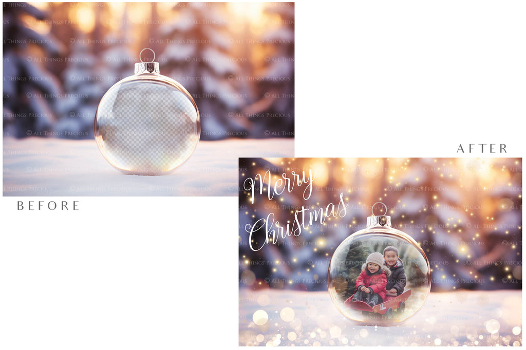 Christmas Glass Bauble Ornament Overlay and Background, with snow flurries and a PSD template included in the set.The globe is transparent, perfect for you to add your own images and retain the snow globe effect.This file is 6000 x 4000, 300dpi. Photography, Scrapbooking, Photo Overlays, Png, Jpeg, Psd. ATP Textures.