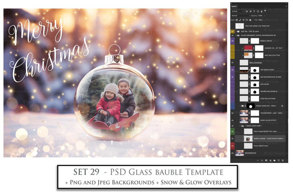 Christmas Glass Bauble Ornament Overlay and Background, with snow flurries and a PSD template included in the set.The globe is transparent, perfect for you to add your own images and retain the snow globe effect.This file is 6000 x 4000, 300dpi. Photography, Scrapbooking, Photo Overlays, Png, Jpeg, Psd. ATP Textures.