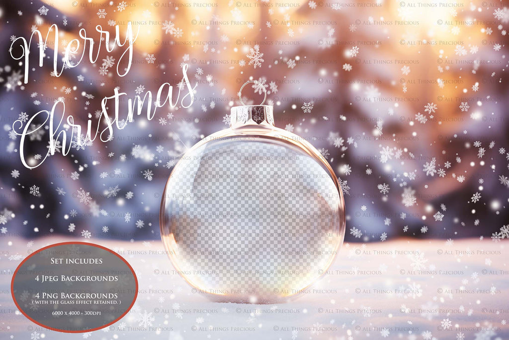 Christmas Glass Bauble Ornament Overlay and Background, with snow flurries and a PSD template included in the set.The globe is transparent, perfect for you to add your own images and retain the snow globe effect.This file is 6000 x 4000, 300dpi. Photography, Scrapbooking, Photo Overlays, Png, Jpeg, Psd. ATP Textures.