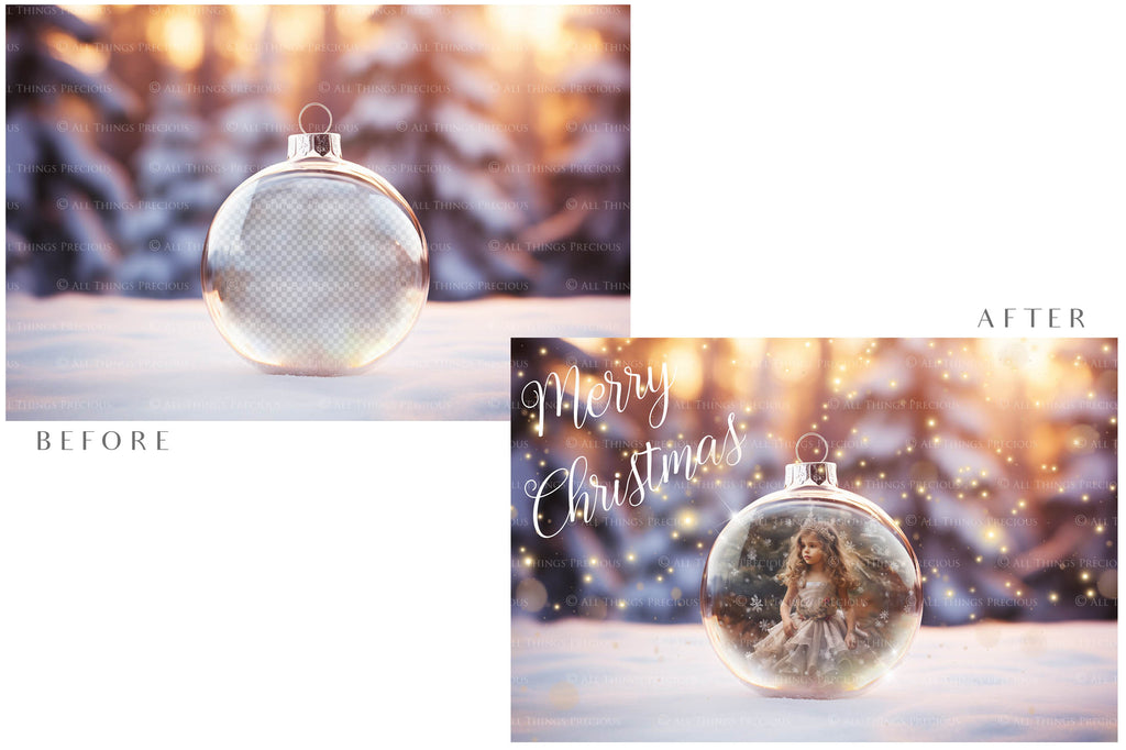 Christmas Glass Bauble Ornament Overlay and Background, with snow flurries and a PSD template included in the set.The globe is transparent, perfect for you to add your own images and retain the snow globe effect.This file is 6000 x 4000, 300dpi. Photography, Scrapbooking, Photo Overlays, Png, Jpeg, Psd. ATP Textures.