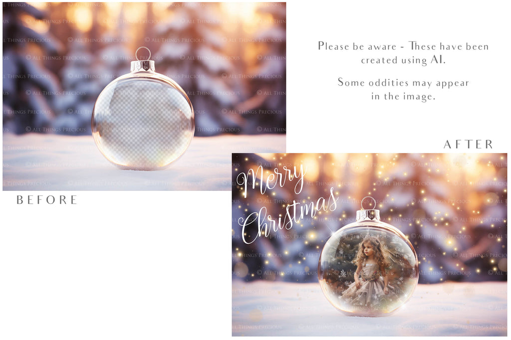 Christmas Glass Bauble Ornament Overlay and Background, with snow flurries and a PSD template included in the set.The globe is transparent, perfect for you to add your own images and retain the snow globe effect.This file is 6000 x 4000, 300dpi. Photography, Scrapbooking, Photo Overlays, Png, Jpeg, Psd. ATP Textures.