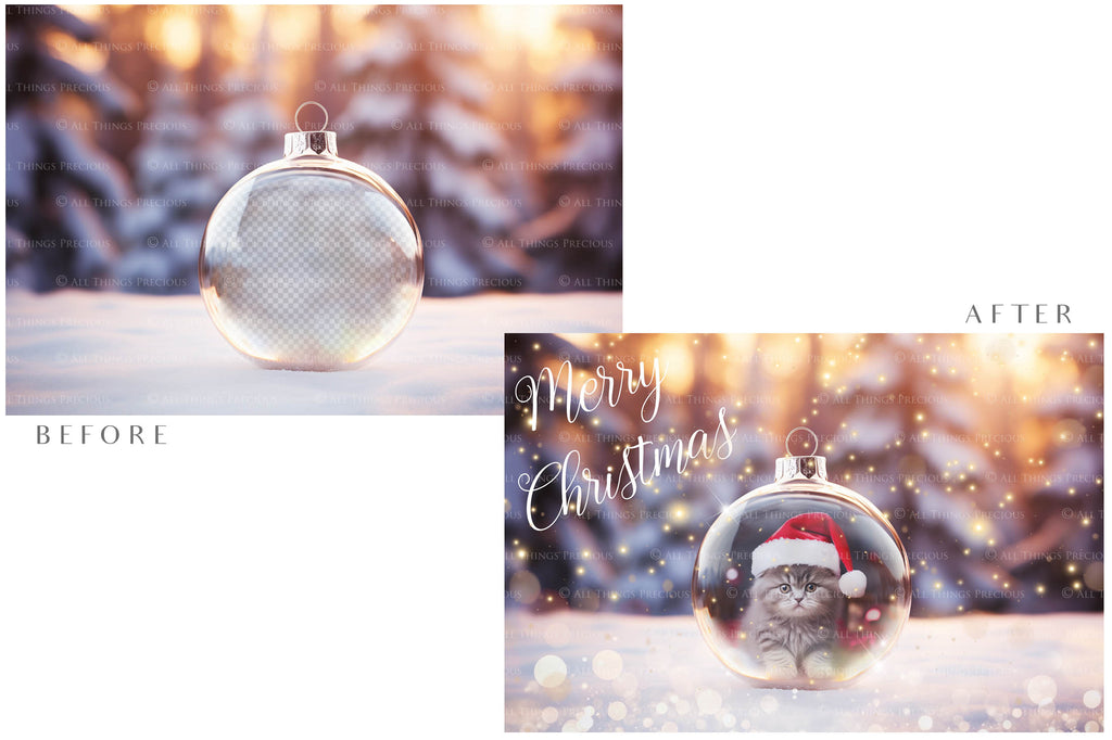 Christmas Glass Bauble Ornament Overlay and Background, with snow flurries and a PSD template included in the set.The globe is transparent, perfect for you to add your own images and retain the snow globe effect.This file is 6000 x 4000, 300dpi. Photography, Scrapbooking, Photo Overlays, Png, Jpeg, Psd. ATP Textures.