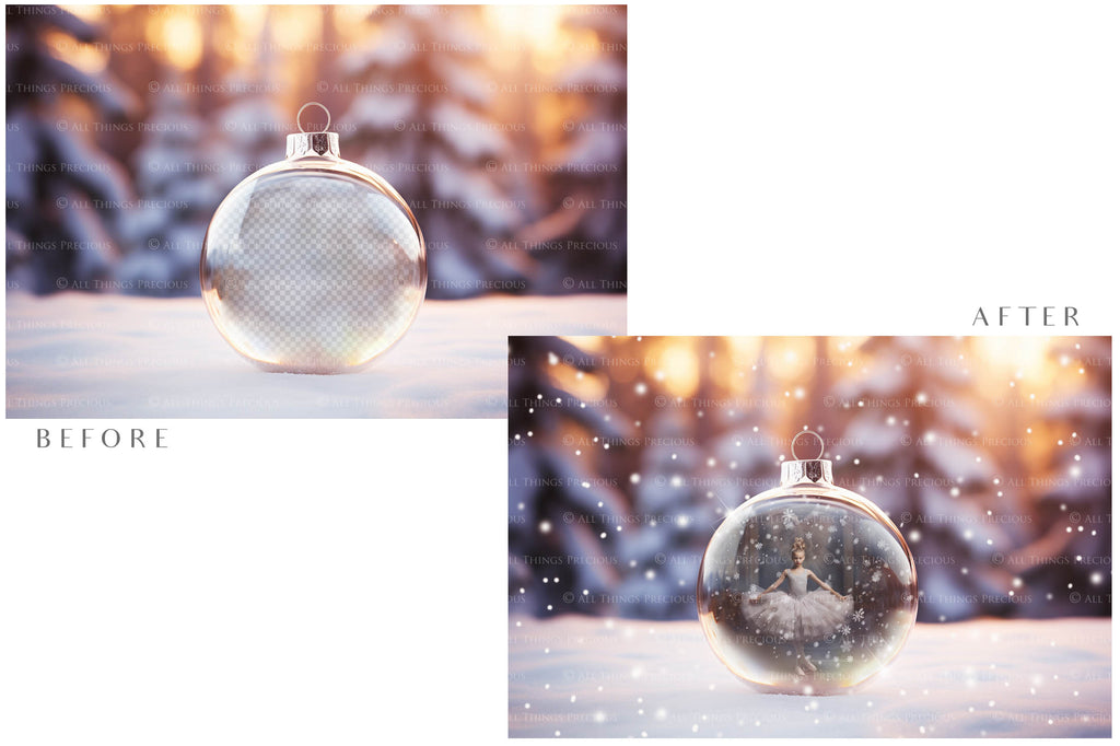 Christmas Glass Bauble Ornament Overlay and Background, with snow flurries and a PSD template included in the set.The globe is transparent, perfect for you to add your own images and retain the snow globe effect.This file is 6000 x 4000, 300dpi. Photography, Scrapbooking, Photo Overlays, Png, Jpeg, Psd. ATP Textures.