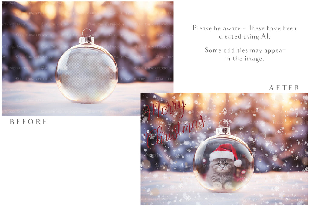 Christmas Glass Bauble Ornament Overlay and Background, with snow flurries and a PSD template included in the set.The globe is transparent, perfect for you to add your own images and retain the snow globe effect.This file is 6000 x 4000, 300dpi. Photography, Scrapbooking, Photo Overlays, Png, Jpeg, Psd. ATP Textures.