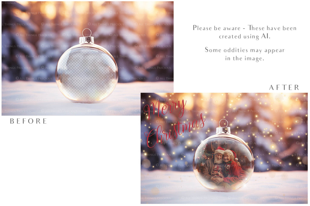 Christmas Glass Bauble Ornament Overlay and Background, with snow flurries and a PSD template included in the set.The globe is transparent, perfect for you to add your own images and retain the snow globe effect.This file is 6000 x 4000, 300dpi. Photography, Scrapbooking, Photo Overlays, Png, Jpeg, Psd. ATP Textures.