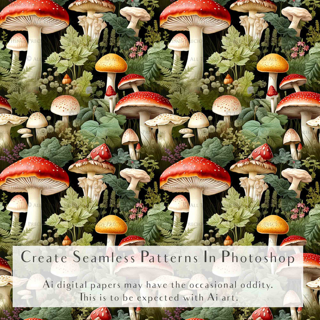 Digital scrapbooking paper. High resolution, Background, printable, print. Botanical mushroom Scrapbook, pattern. Seamless pattern.