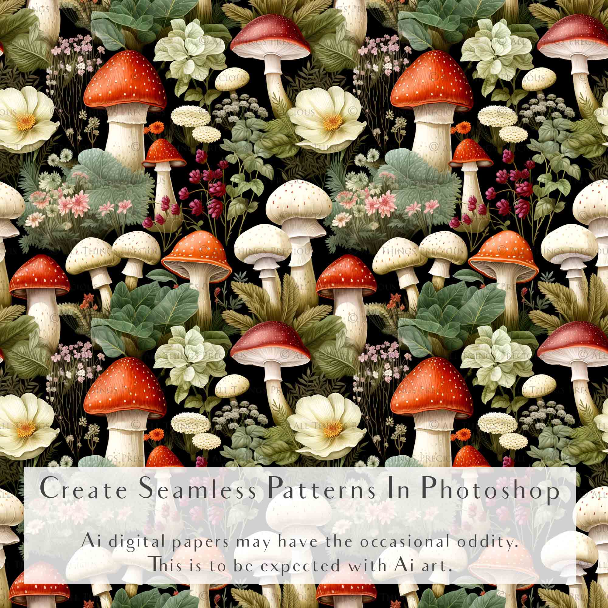 Digital scrapbooking paper. High resolution, Background, printable, print. Botanical mushroom Scrapbook, pattern. Seamless pattern.