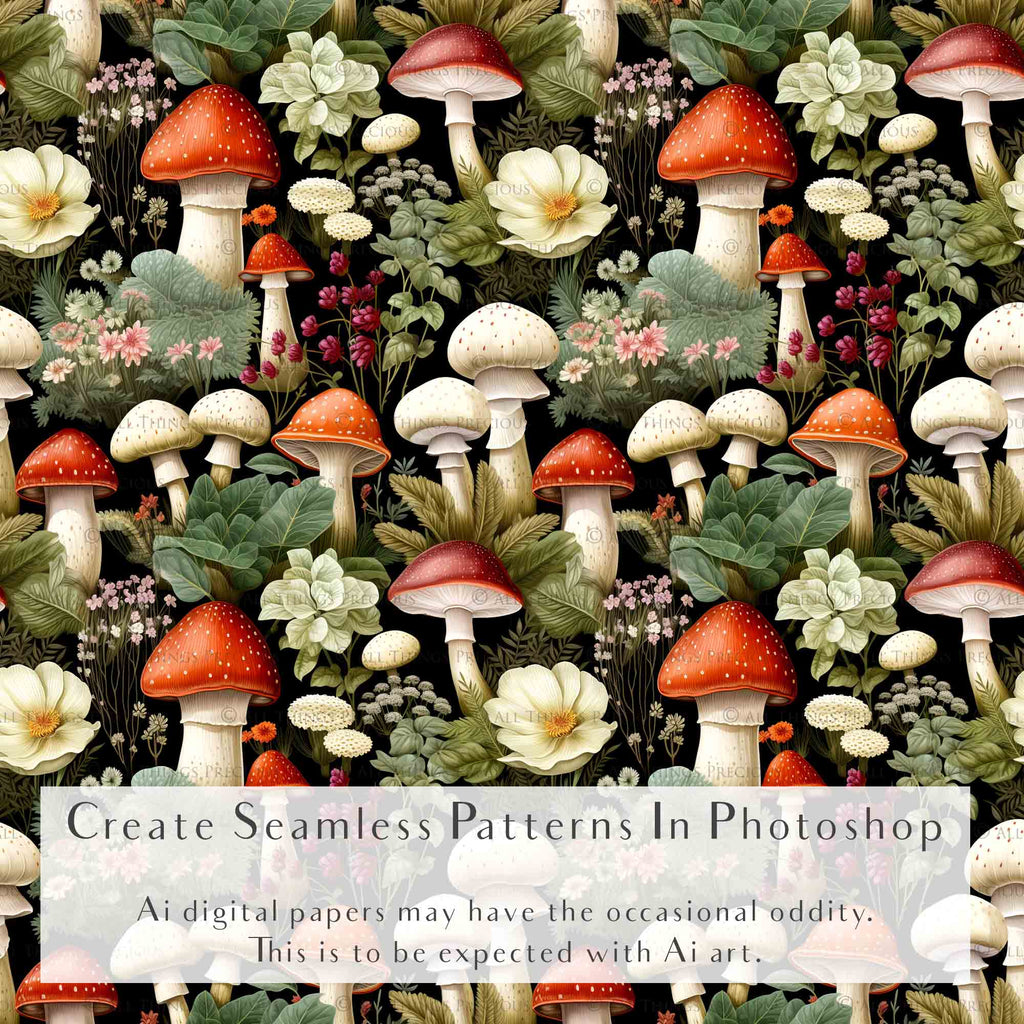 Digital scrapbooking paper. High resolution, Background, printable, print. Botanical mushroom Scrapbook, pattern. Seamless pattern.