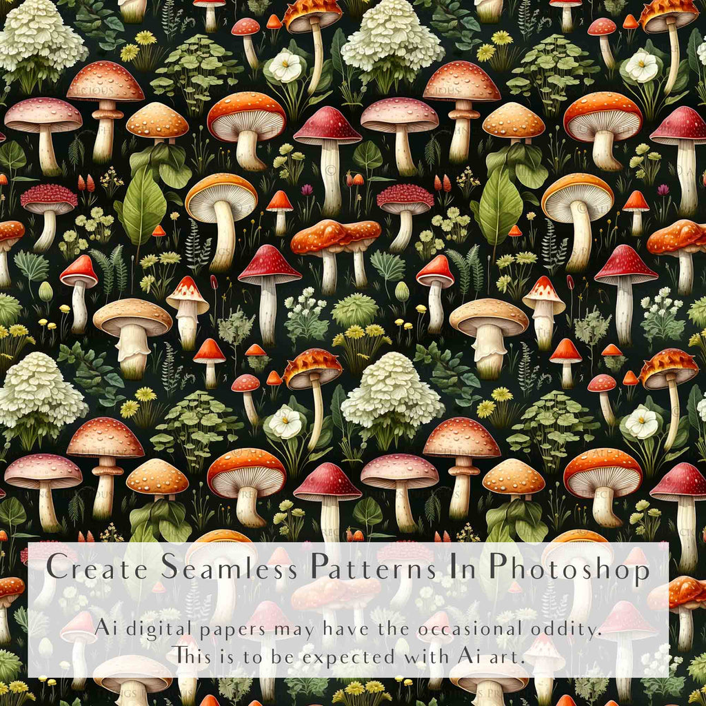 Digital scrapbooking paper. High resolution, Background, printable, print. Botanical mushroom Scrapbook, pattern. Seamless pattern.