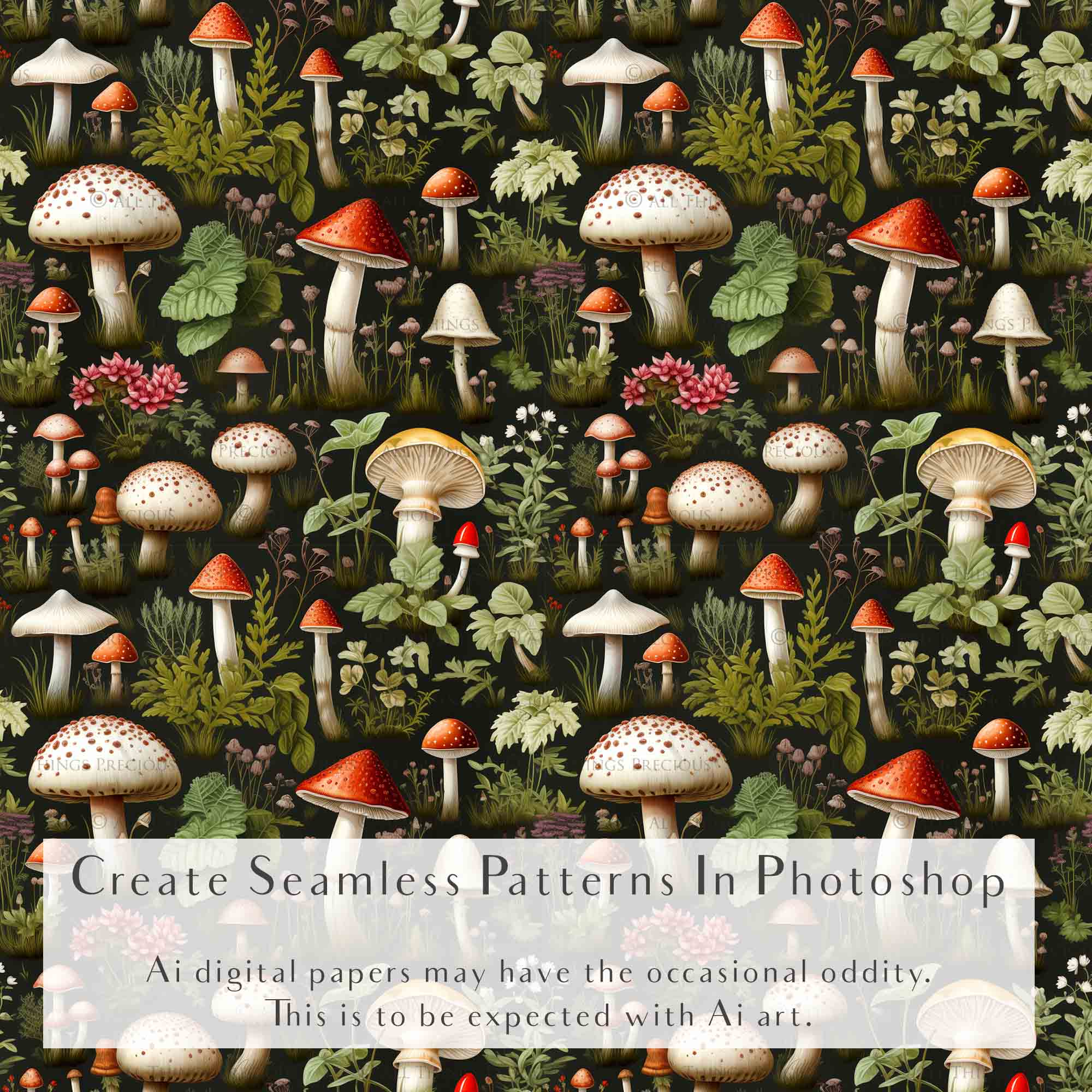 Digital scrapbooking paper. High resolution, Background, printable, print. Botanical mushroom Scrapbook, pattern. Seamless pattern.