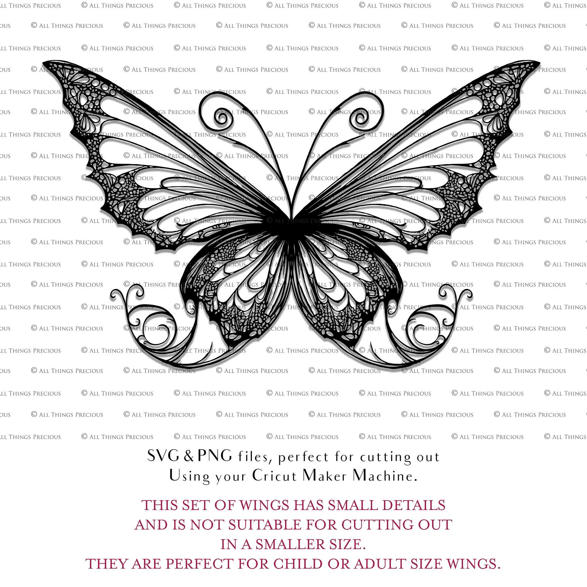 SVG & PNG Fairy Wing files for Cricut or Silhouette Cameo Cutting Machine. To create wearable fairy wings, in adult or children sizes. Graphic design for Halloween Costumes, Fantasy or Cosplay or photography. Print for weddings, engagements, baby shower invitations. DIY Printable. Fairycore, Cottagecore.