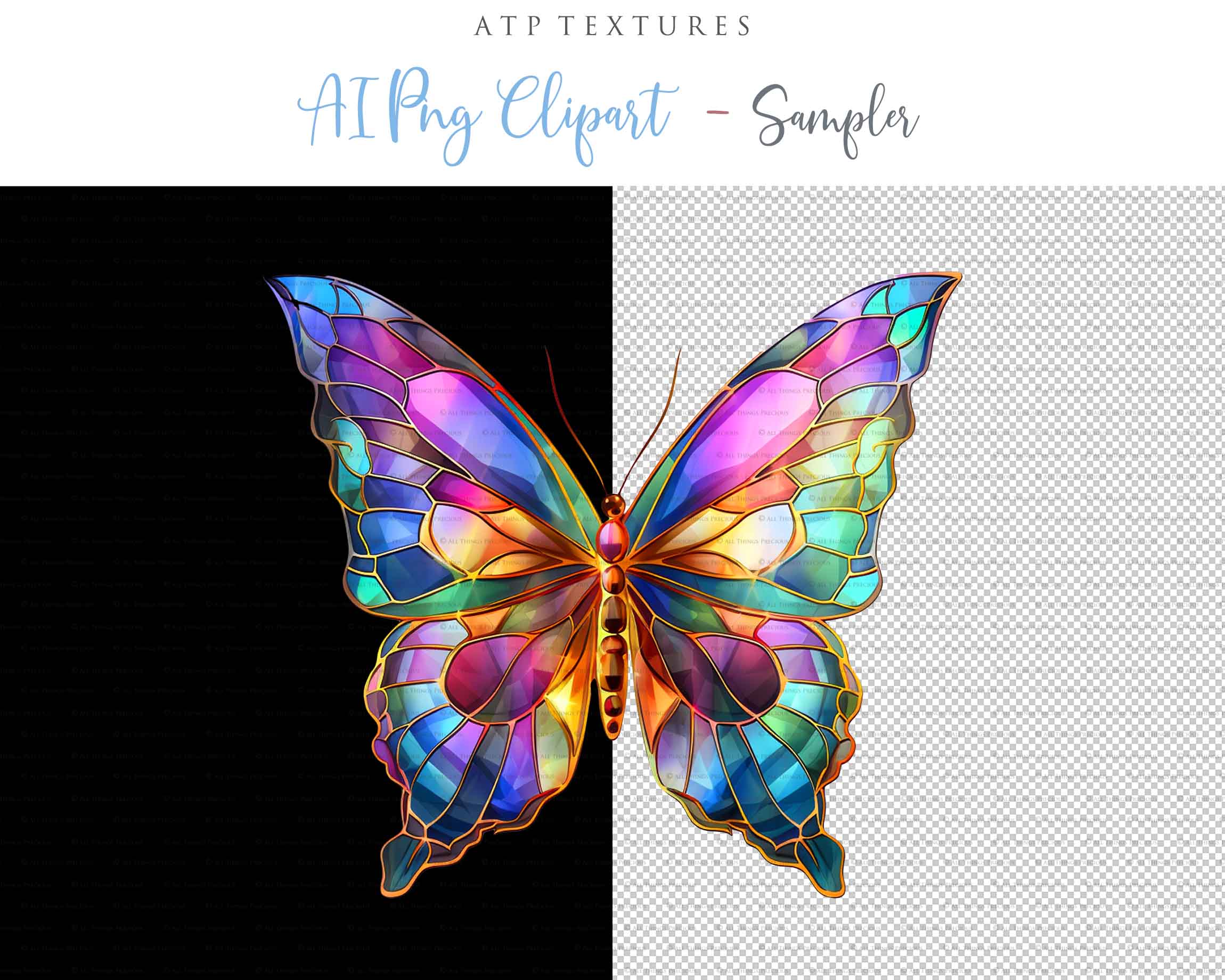 Stained Glass Butterfly clipart. Perfect for scrapbooking and print. If you want to print your completed artwork, you can! PNG Transparent files, High resolution, 300dpi. AI Digital Art. - ATP Textures